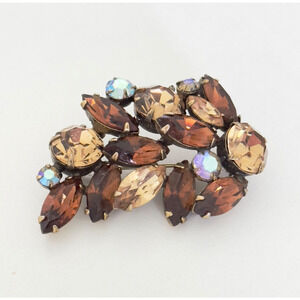 Vintage Regency Signed Amber Orange Tone AB Rhinestone Gold Tone Brooch Pin